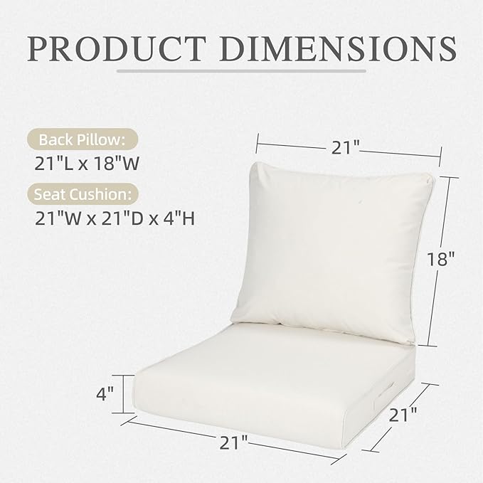 Aoodor 21" x 21" Patio Deep Seat Cushion Set, Water Resistant & Fade Resistant Outdoor Furniture Cushions with Adjustable Straps for Patio, Deck, Garden, Set of 2, Ivory