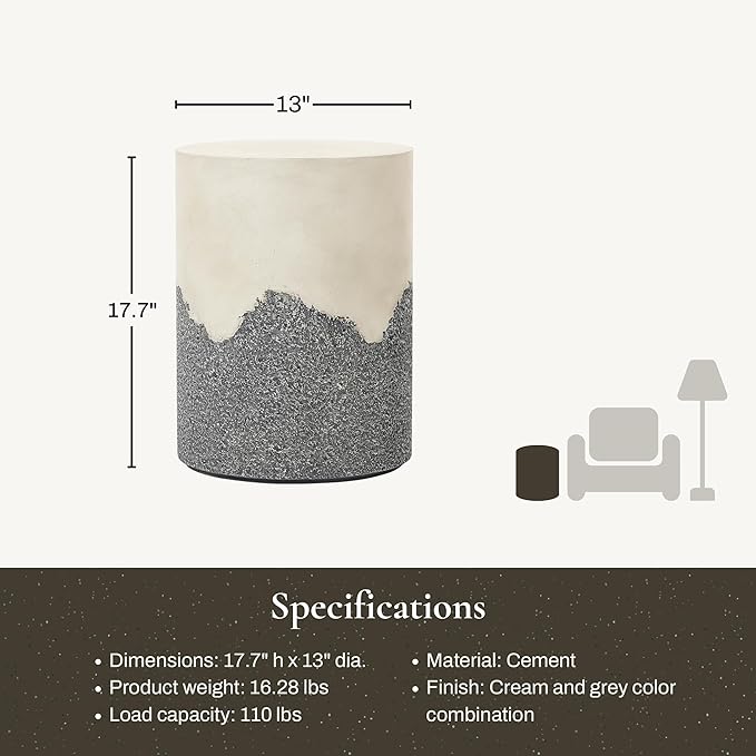 LuxenHome Gray and Cream Round Outdoor Side Table 18 Inch End Tables for Patio, Garden Small Accent Decorative Stool, Plant Stand Drum Table Indoor and Outdoor