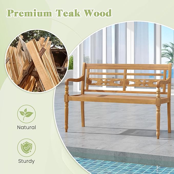 Tangkula Outdoor Bench, 2-Person Garden Bench with Wide Backrest and Curved Armrests, Teak Wood Patio Bench for Backyard, Porch and Park, 600 LBS/300 KG Weight Capacity, Natural