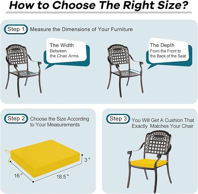 Basic Beyond Outdoor Chair Cushions Set of 2, Square Corner Outdoor Cushions for Patio Furniture, Water Resistant Patio Chair Cushions with 2 Ties, 18.5x16x3, Yellow