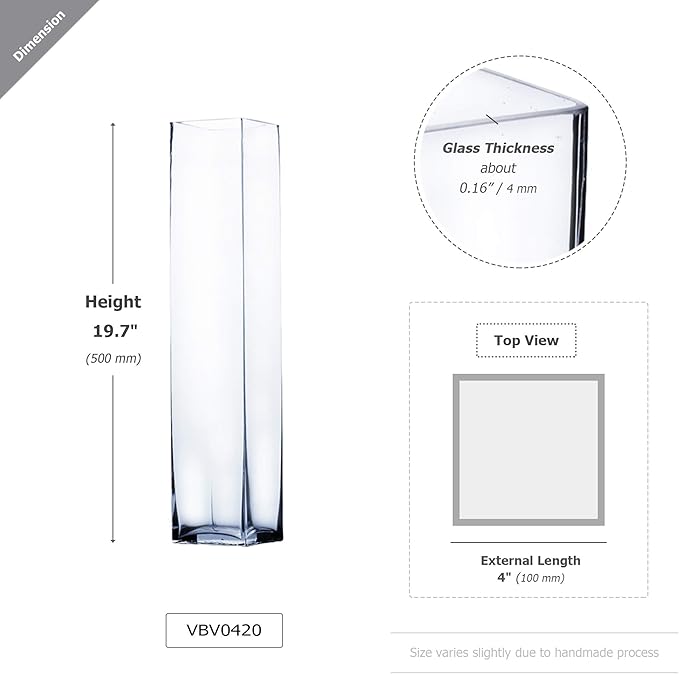 WGV Tall Square Vase Glass Block Bulk, Length 4", Height 20", Clear Floral Container, Masterpiece, Planter Terrarium for Wedding Party Event, Home Office Decor, 6 Pieces
