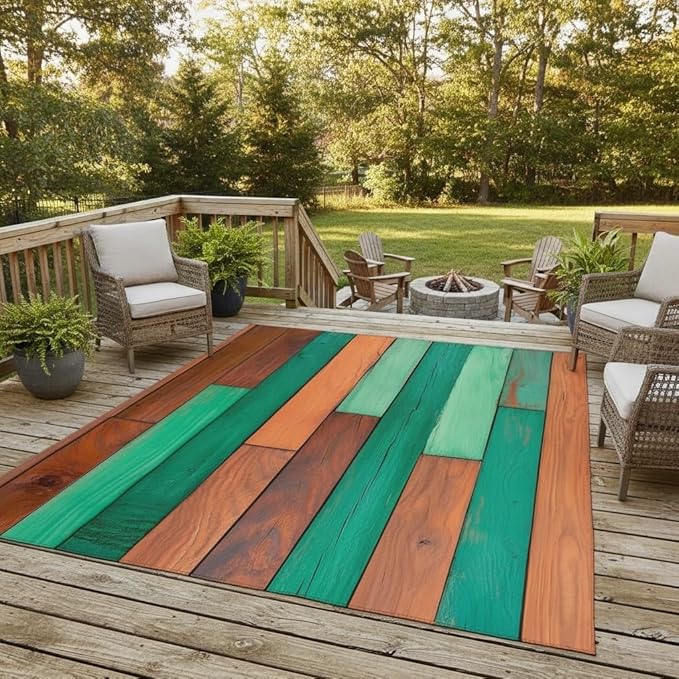 Green Orange Brown Wooden Board 9x12 Farmhouse Outdoor Area Rug for Porch Balcony Garden Camping Deck Pool Lightweight Non Shedding Waterproof Outside Carpet Machine Washable Foldable Floor Mat