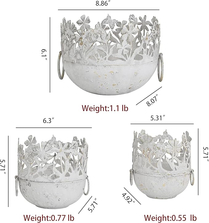 3 Piece Vintage Metal Pots Set,Rustic Distressed Garden Planter Plant Buckets with Handles Farmhouse Floral Containers for Indoor Outdoor Home Gardening Tabletop Centerpieces Wedding Decor White