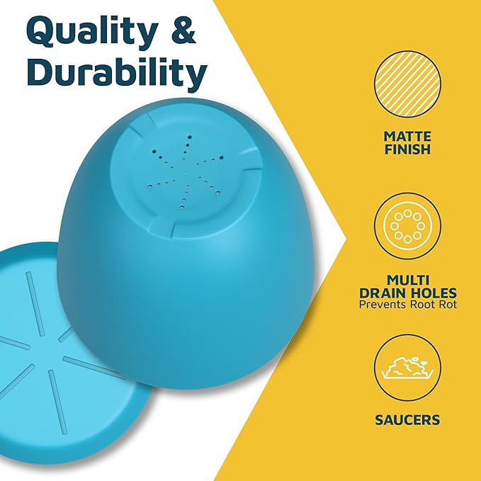 Blue Plant Pots with Drainage Holes & Saucers 10 Pack, Indoor & Outdoor Stackable Space-Saving Planters for Houseplants & Flowers, (7", 6.7", 6", 5.3", and 4.8" Inches), Durable & Weatherproof