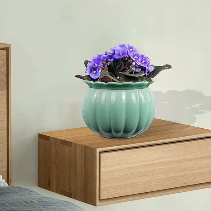 African Violet Pots, Self-Watering Ceramic Planter for Indoor Plants – 6 Inch Pot for Succulents, Herbs & Small Houseplants, Decorative Self-Watering Pot for Home & Office, Blue