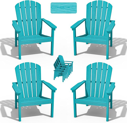 nevilywood Compact Stackable Adirondack Chairs Set of 4, 26.3" Wide HDPE Outdoor Patio Chairs - Durable, Space-Saving Design for Porch, Lawn or Garden, Aruba