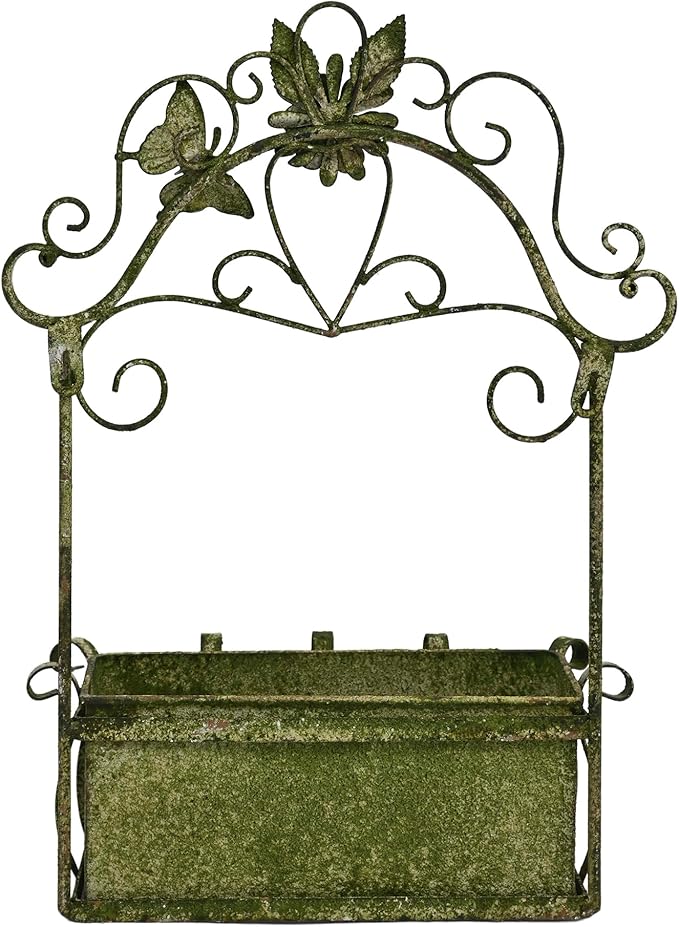 Vintage Rustic Wall Planter Distressed Decor Iron Hanging Plant Basket Shabby Metal Wall Mounted Flower Holder Pot Stand for Indoor Outdoor Home Balcony Patio Garden Decorative (Shabby Green)