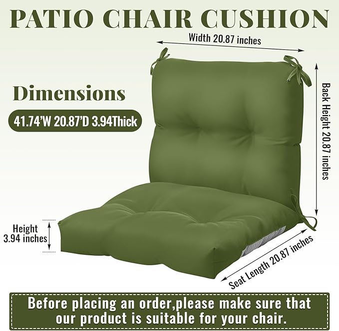Geetery Set of 4 High Back Wicker Patio Chair Cushions for Outdoor Furniture 41.74x20.87x3.94 Inch Waterproof Thick Replacement Seat Pads with Non Slip Ties for Porch, Deck, Lawn & Garden(Moss Green)