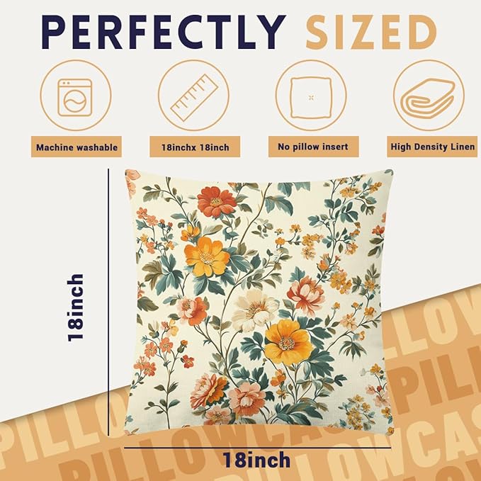 Flower Pillow Covers 18x18 inch Set of 4, Vintage Colorful Botanical Garden Rustic Elegance Throw Pillows Cover Sofa Couch Pillow Cases for Farmhouse Indoor Home Decor Decorations