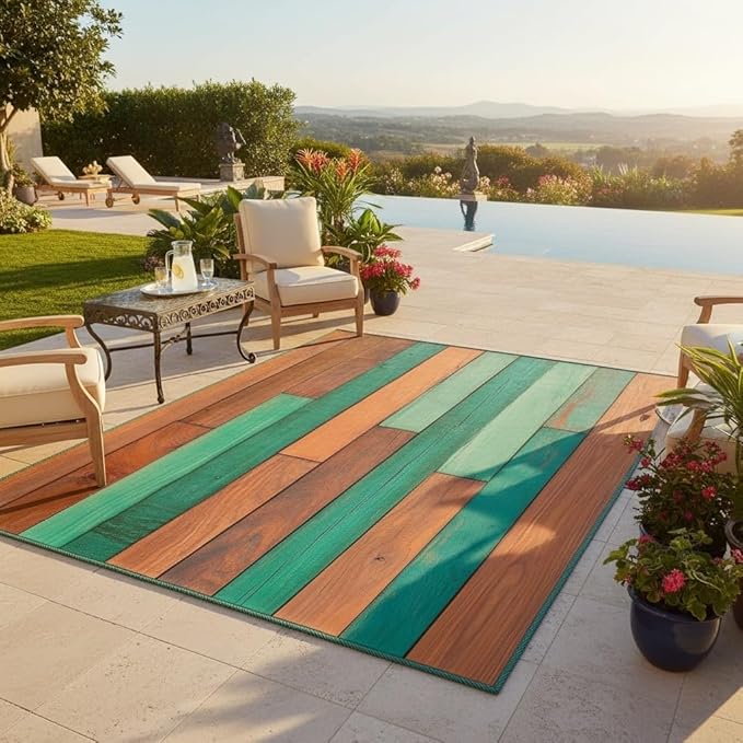 Green Orange Brown Wooden Board 3x8 Farmhouse Outdoor Area Rug for Porch Balcony Garden Camping Deck Pool Lightweight Non Shedding Waterproof Outside Carpet Machine Washable Foldable Floor Mat