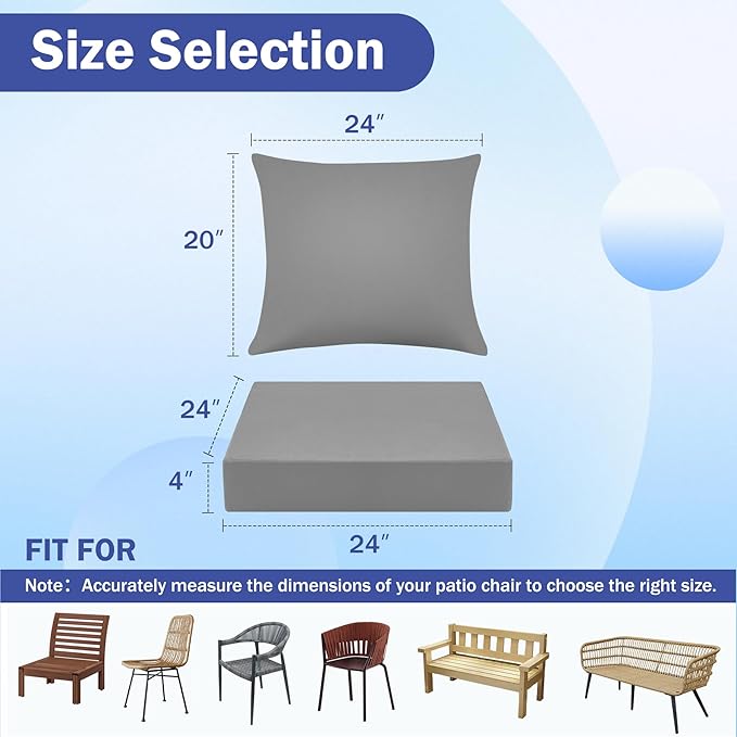 Outdoor Seat Cushion Set, Waterproof & Fade Resistant Patio Chair Cushions, Outdoors Cushion for Patio Furniture, 24 x 24 x 4 Inch, Outdoor Couch Cushions with Handle and Ties, Grey