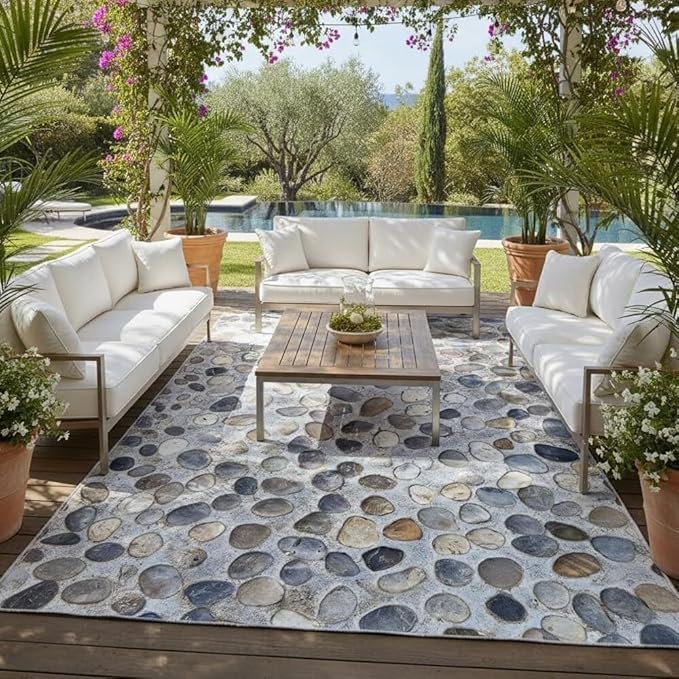 Modern Mixd Color Pebbles Outdoor Rugs for Patios Deck Backyard Porch Balcony Garden Camping Poolside Carpet Comfort Non Slip Thin Waterproof Durable Reversible Quick Dry Low Pile Floor Mat 2x3