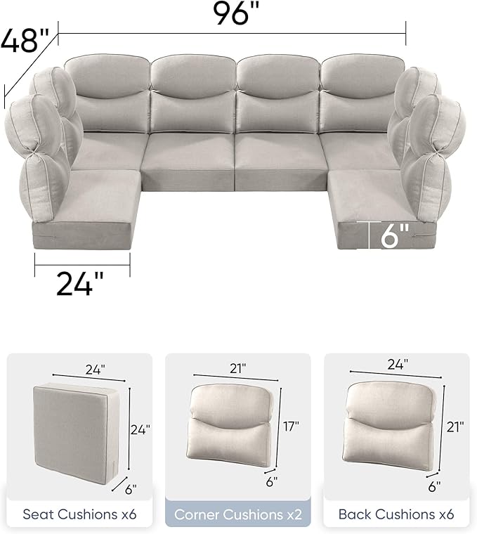 Luxury 24x24x6 Outdoor Seat Cushions for 6-Seat Sectional Sofa Set of 6 - Water-Repellent 14-Piece Patio Cushion Set for Outside Rattan Wicker Loveseat Chair L-Shape Couch - Beige/Smile