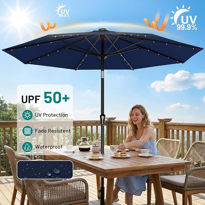 AreShark 9FT Patio Umbrella with Solar Lights, 32 LED Lighted Pool Umbrella w/Tilt and Crank, Outdoor Market Solar Umbrellas for Garden, Deck, Backyard, Pool and Beach, Navy