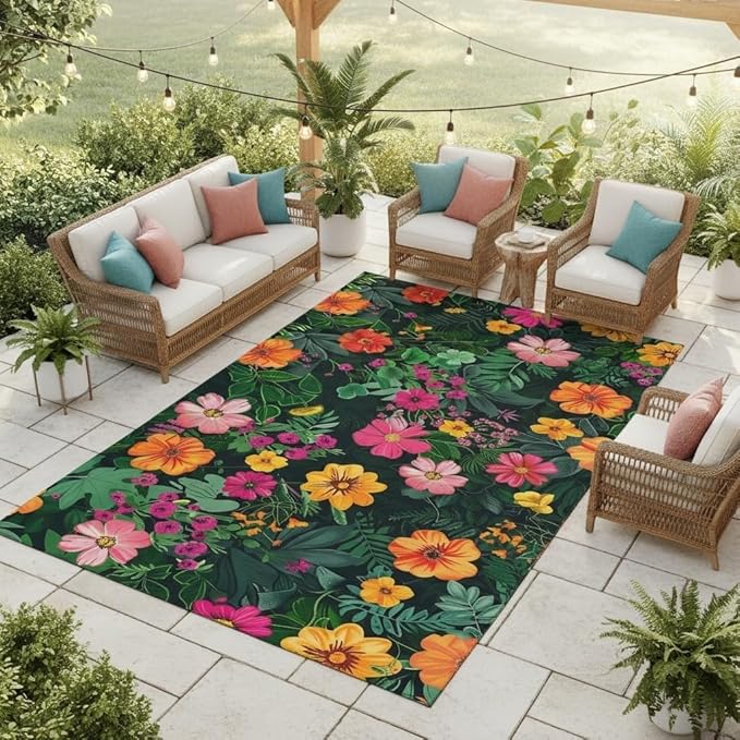 Botanical Floral Outdoor Rug 10x12 Dark Green Orange Pink Flower Texture Rugs for Patio Deck Porch Balcony Camping Waterproof Non Slip Garden Large Carpet Stain Resistant Washable Flowers Outside Mat