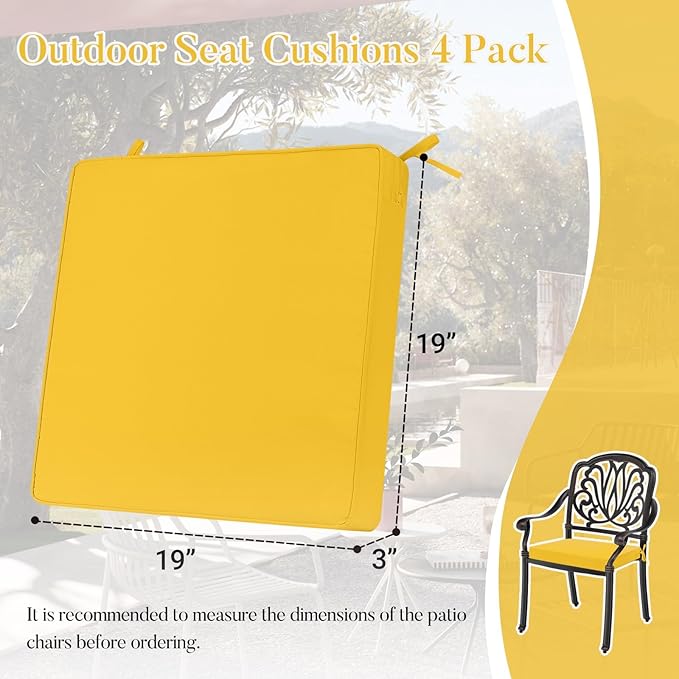 Basic Beyond Outdoor Chair Cushions for Patio Furniture, Waterproof Outdoor Seat Cushions Set of 4 19 x 19, Patio Chair Cushions Set of 4 with Ties and Handle, Yellow