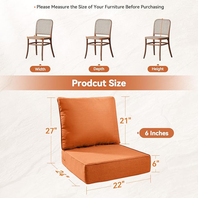 6" Thick Outdoor Cushions 22x24x6, 2-Set Deep Seat Patio Cushions with Removable Cover, Waterproof & Fade Resistant Replacement for Wicker Chair, Loveseat, Sofa - Orange