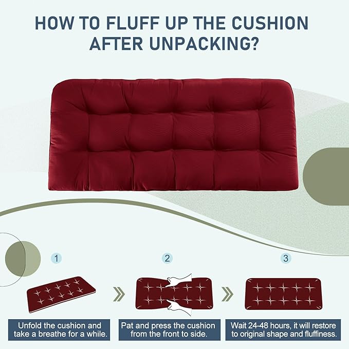 downluxe Outdoor Bench Cushion for Patio Furniture, Waterproof Tufted Overstuffed Porch Swing Cushions, Thick Outdoor Loveseat Cushions, 44" X 19" X 5", Burgundy, Set of 1