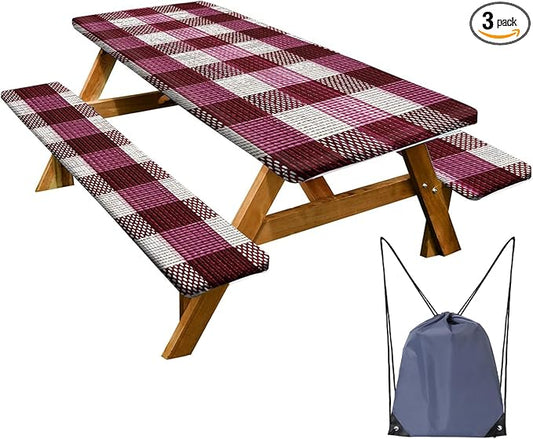 Picnic Table Cover with Bench Covers Set of 3 - Wine Purple Checkered Tablecloth, Elastic Fitted for 6 Ft Tables, Washable Polyester Cover for Camping, Indoor & Outdoor