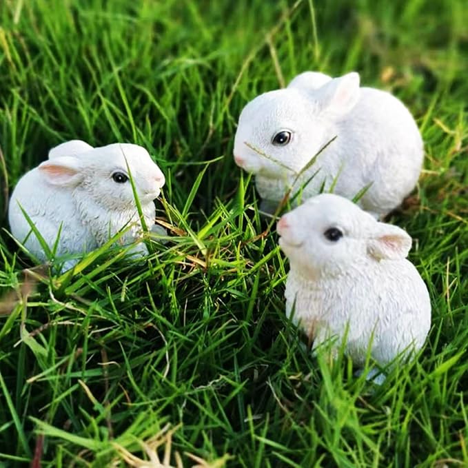 3PCS Bunny Statues Garden Decorations Set, Outdoor Small Light Weight Baby Rabbit Garden Statues for Outside Patio, Porch, or Flower Pots