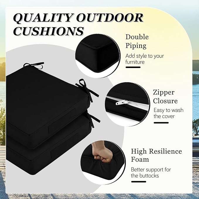 Waterproof Outdoor Chair Cushions Set of 2, Square Outdoor Seat Cushions with Ties and Removable Covers, 22 x 22 Outdoor Cushions for Patio Furniture with Portable Handle(Black)