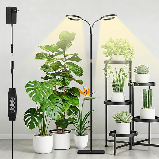 Grow Light with Stand for Indoor Plants, Dual Head Full Spectrum Floor Plant Light for Large Tall Plants, 16.5-68in Adjustable Height, 3/9/12H Timer, Dimmable, Modern Ring Grow Lamp for Home Décor
