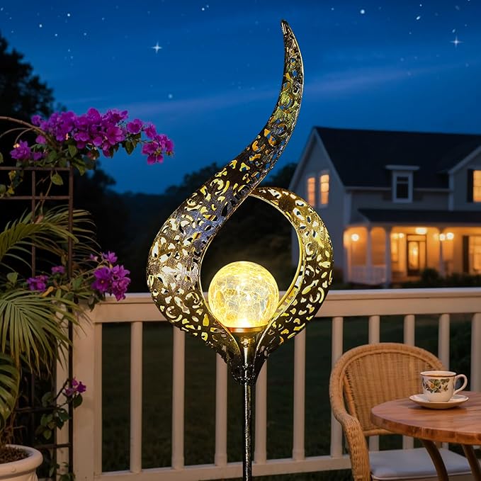 HOMEIMPRO Outdoor Garden Solar Lights Stake Waterproof, Mothers Day Gifts Mom, Crackle Glass Metal Flower LED Yard Art Ornaments Lights for Pathway, Lawn or Courtyard,Gardening Gifts Women (Bronze)