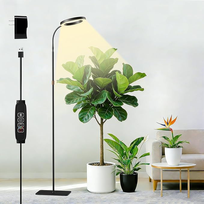 Full Spectrum Grow Light with Stand for Indoor Plants, Floor Plant Light, 3/9/12H Timer, 3 Color Modes, Adjustable Height 16.5–67in, for Large Plants & Home Décor(1 Head)