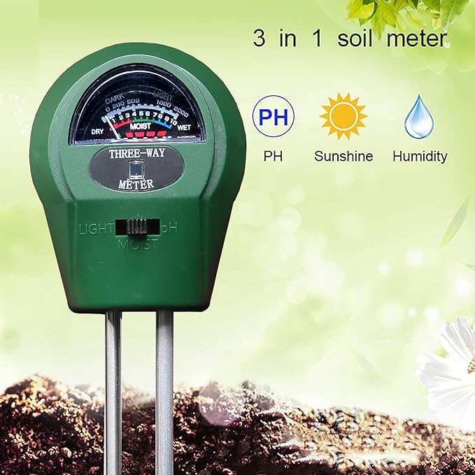 3-in-1 Soil Tester. Soil pH Meter + Moisture Meter +Light Tool for Garden Farm Lawn houseplants Indoor & Outdoor (No Battery Needed) Test Kit for Garde (3 in 1 New)