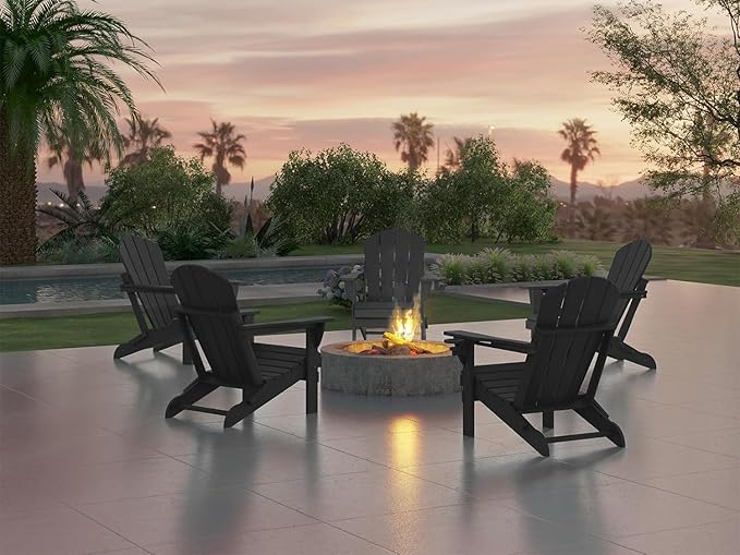 Ciokea Folding Adirondack Chair Wood Texture 2 Pack, Patio Adirondack Chair Weather Resistant, Plastic Fire Pit Chair with Cup Holder, Lawn Chair for Outdoor Porch Garden Backyard Deck (Black)
