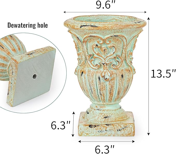 Sungmor Vintage Resin Trophy Planter, 13 Inch Embossed Design Garden Urn with Drainage Hole, Decorative Plant Pot Indoor Outdoor Plant Container, Shabby Chic Flower Vase Home Decor