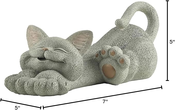 JFSM INC. 12" Whimsical Lounging Grey Cat Garden Statue - Indoor Outdoor Relaxed Zen Cat Sculpture - Garden Decorations for Patio Yard Lawn Porch