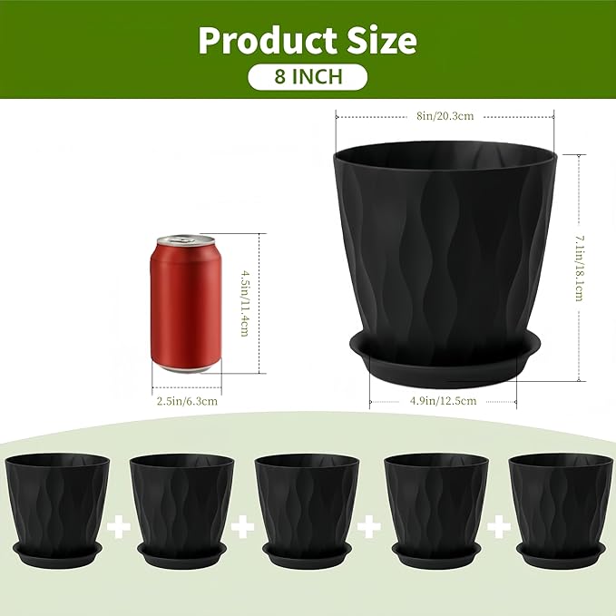 Plant Pots 8 Inch, 6 Pack Plastic Flower Pots for Indoor & Outdoor Plants, Planters with Drainage Holes and Saucer, Garden Pot for Plants(Black)