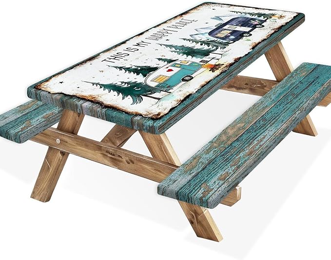 Picnic Table Covers with Bench Covers Camping Tablecloth Fitted Picnic Table Cover with Elastic Windproof Waterproof, Camping Accessories Outdoor, 72In 3PCS