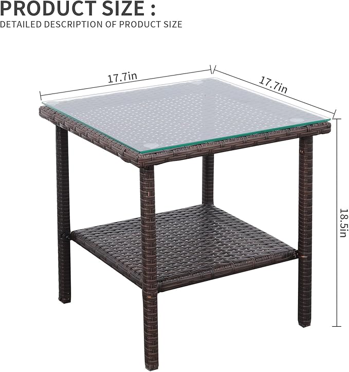 Valita Outdoor Wicker Glass Top Side Table - Garden Metal Square Tea Table with Storage, Brown