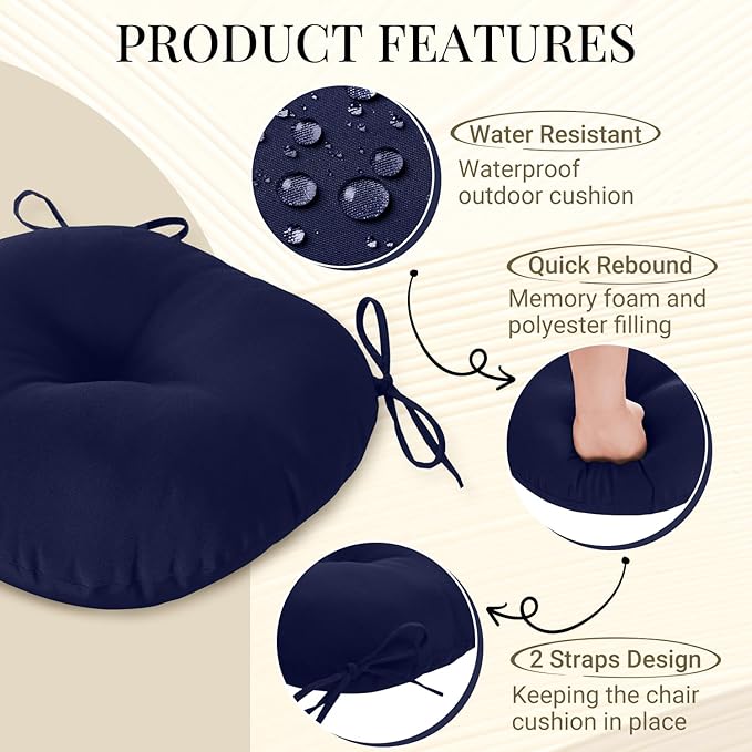 downluxe Bistro Chair Cushions for Patio Furniture, Water-Resistant Round Outdoor Chair Cushions Set of 2 with Non-Slip Ties, 15" x 15", Navy