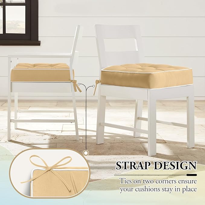 Wellsin Outdoor Chair Cushions Set of 2, Patio Cushions for Outdoor Furniture, Tufted Waterproof Outdoor Chair Pads, 19 x 19 Inch, Khaki