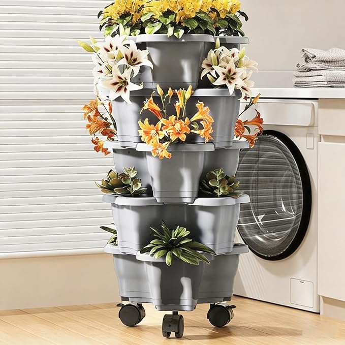 Stackable Plant Tower, Vertical Garden Pot, 9.84x3.94 Inch Tier Design with Drainage, Weatherproof Tiered Strawberry Planter, Space Saving with Wheels, Outdoor Container for Yard Patio and Lawn