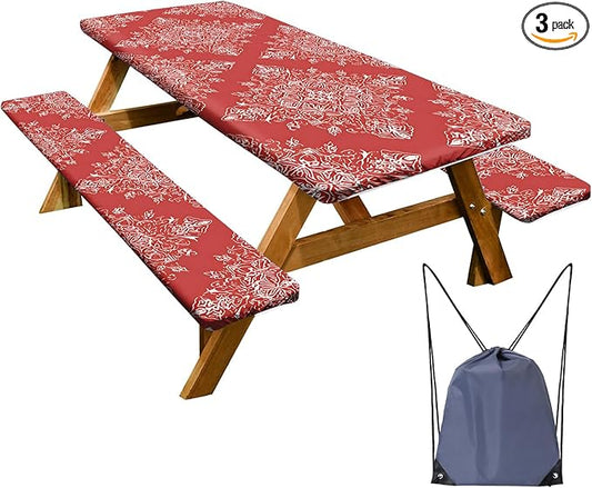 Picnic Table Cover with Bench Covers Set of 3 - Red Ethnic Symmetrical Bohemian Medallion Pattern, Elastic Fitted Tablecloth for 6 Ft Tables, Washable Polyester Cover for Patio, Indoor & Outdoor