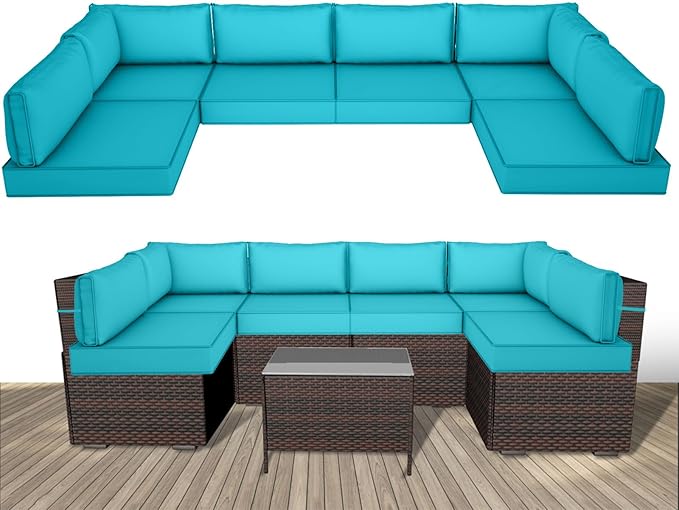 Outdoor Replacement Cushions for Patio Furniture,14-Piece Patio Water-Resistant Replacement Sofa Cushions,Fits 6-seat Sectional Rattan Conversation Set,Liner&Cover (Lake Blue)