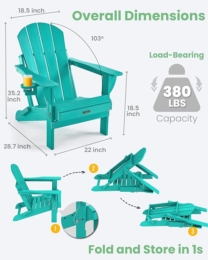Ciokea Folding Adirondack Chair 6 Pack, Patio Adirondack Chair Weather Resistant, Plastic Fire Pit Chair with Cup Holder, Lawn Chair for Outdoor Porch Garden Backyard Deck (Lake Blue)