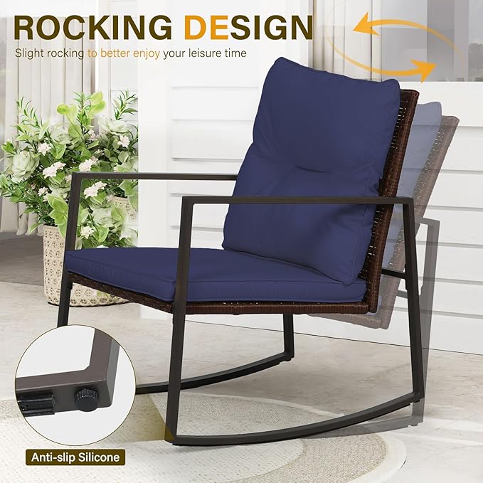 SUNCROWN 3 Piece Outdoor Rocking Bistro Set Brown Wicker Furniture Porch Chairs Conversation Sets with Glass Coffee Table, Dark Blue