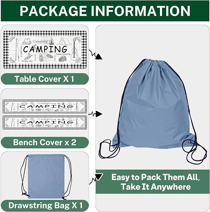 Picnic Table Cover with Bench Covers Elastic Edges, Farm Plaid Fitted Table Cover, Outdoor Patio Camping Essentials 60 Inch 3PCS, Waterproof Camping Fitted Tablecloth with Drawstring Bag
