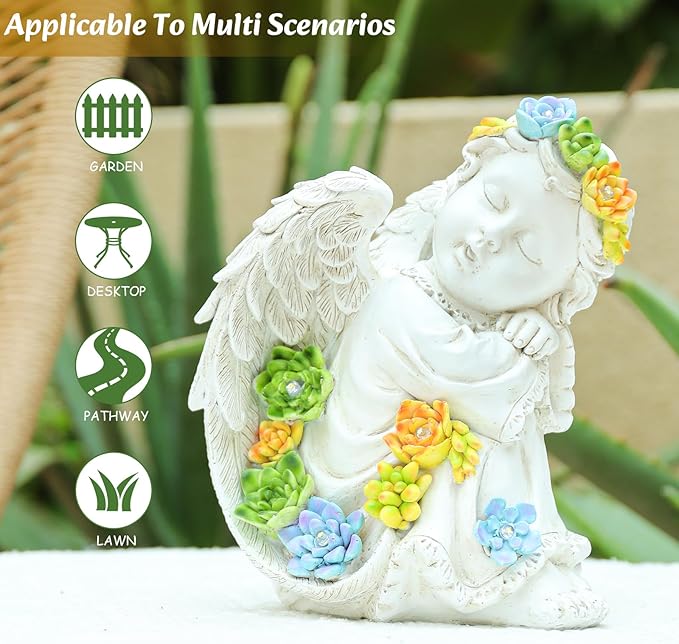 Solar Cherub Angel Outdoor Garden Decor Statues - 8 inches Angel Figurines Outdoor Sculptures with Succulent, Garden Statues for Outside, Patio, Balcony, Lawn Ornaments or Housewarming Gift