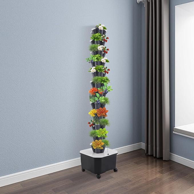 Hydroponic Grow Tower 12 Tiers 60 Holes, 6.6Gal Indoor Vertical Garden System with Water Pump, Automatic Water Circulation - Garden Hydroponic Growing Kit for Leafy Vegetables, Herbs, Strawberries