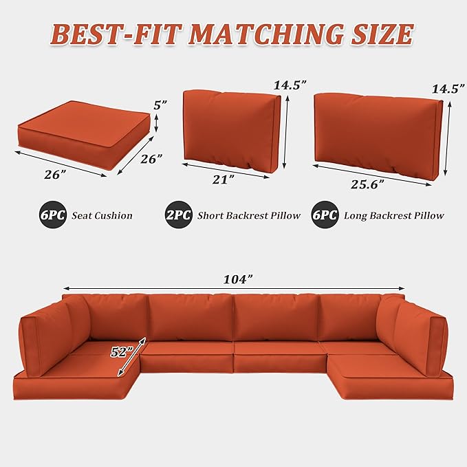 14-Piece Outdoor Cushions for Patio Furniture Thick Outdoor Chair Cushions 5" Foam High-Density Water-Resistant Deep Seat Cushion for 6-Seat Sectional Sets Liner&Cover Orange