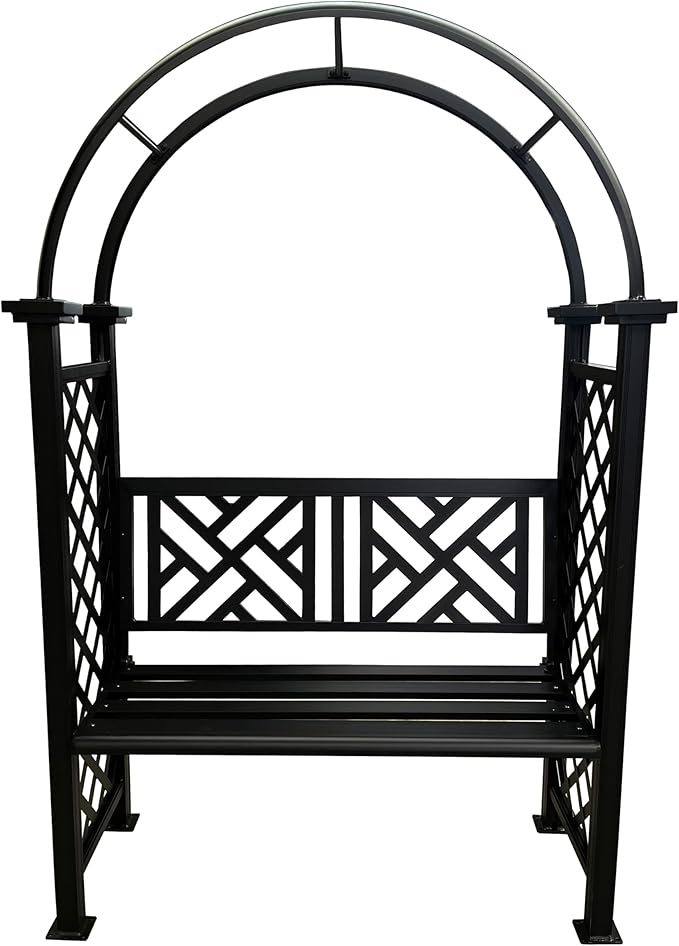 Oakland Living Black Aluminum Garden Arbor Arch with 2-Seater Bench