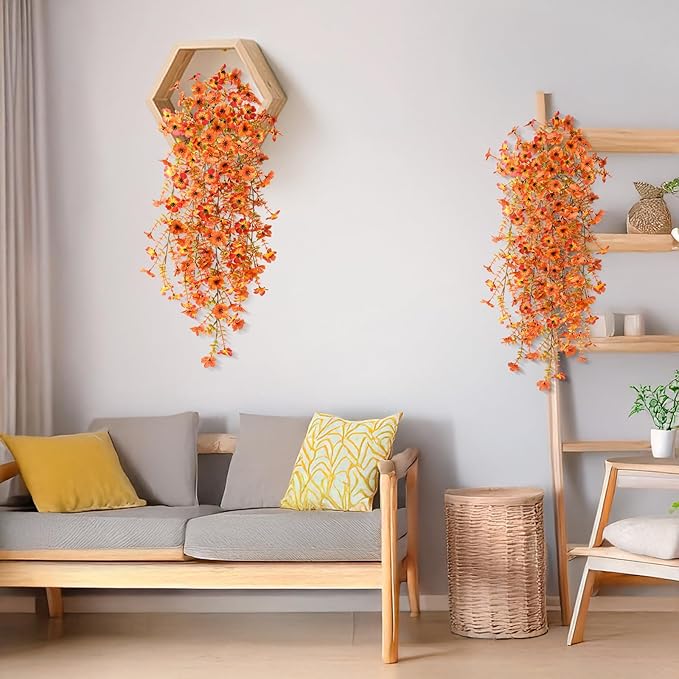 Artificial Fall Fake Flowers for Outdoor, 2 Pcs Fake Mums Faux Hanging Flowers Outdoor Fall Decor, UV Resistant Silk Flower for Front Door Porch Planters Patio Yard Garden(Orange Sunset Red)