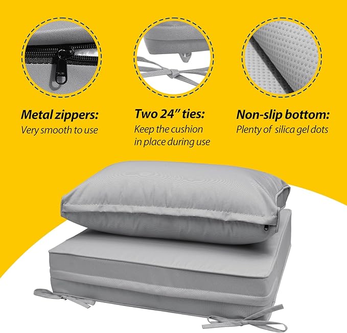 AAAAAcessories Outdoor Seat Cushions for Chairs, Fade-Resistant, Waterproof Patio Furniture Replacement Cushions, 23.5" x 25.5" x 5" + 23.5" x 13.5", Gray