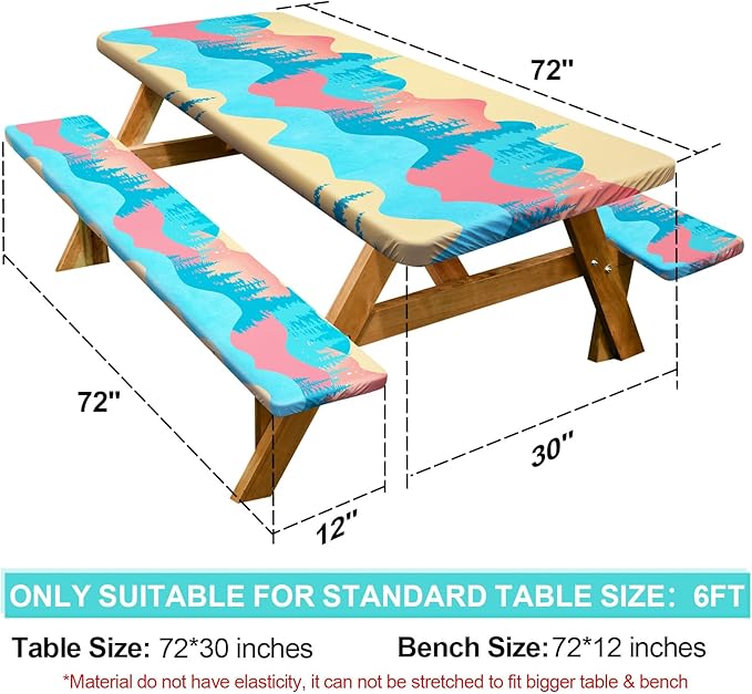 Picnic Table Cover with Bench Covers 6FT 3 Pcs Waterproof Windproof Aesthetic Camping Tablecloth with Drawstring Bag, Fitted for 6 Foot Rectangle Tables and Seats, 72 inch, Blue Orange
